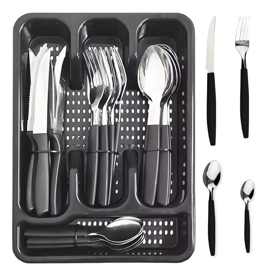 Juego de cubiertos de acero inoxidable de 25 piezas con soporte para cubiertos negro