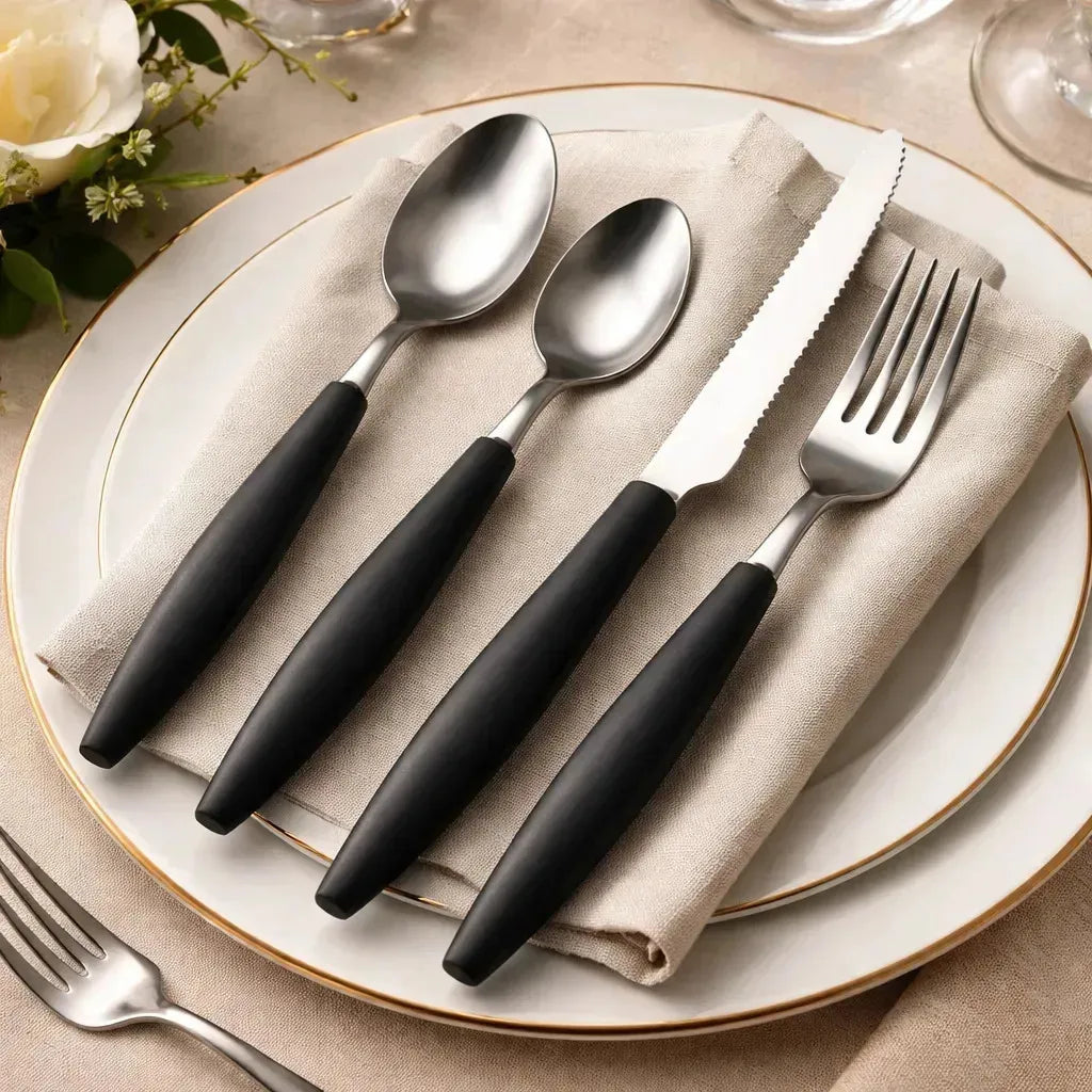 Juego de cubiertos de acero inoxidable de 25 piezas con soporte para cubiertos negro