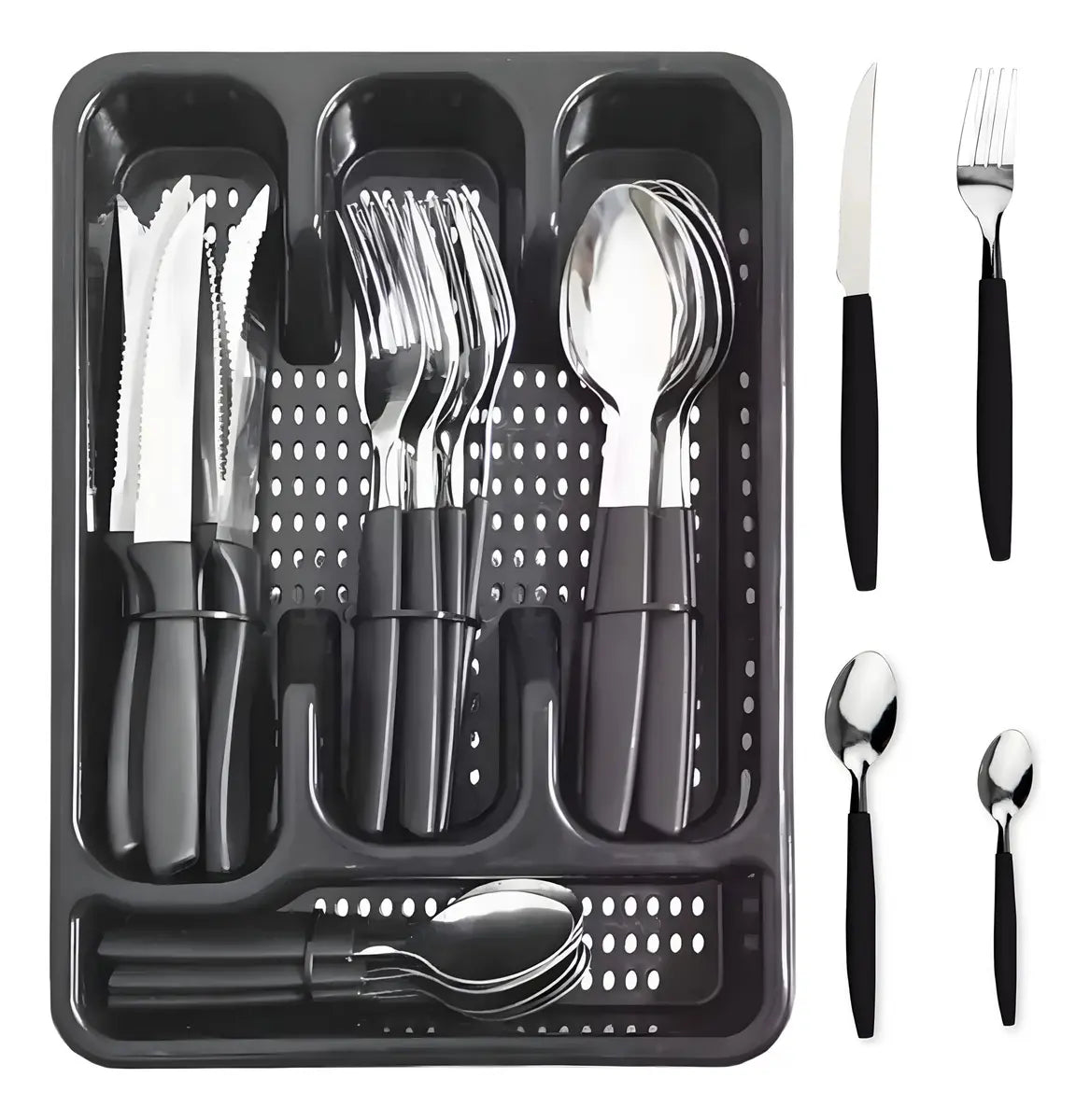 Juego de cubiertos de acero inoxidable de 25 piezas con soporte para cubiertos negro