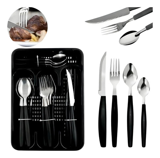 Juego de cubiertos de acero inoxidable de 25 piezas con soporte para cubiertos negro